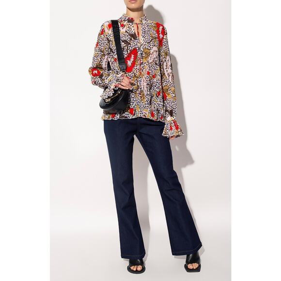 DIANE VON FURSTENBERG NWT Designer Red Pink Gold Floral Blouse – Size 8 / Medium - Picture 3 of 16